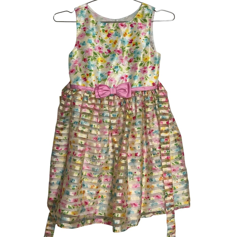 Jona Michelle Girl Floral Print Special Occasion Dress with Stripes size 7.